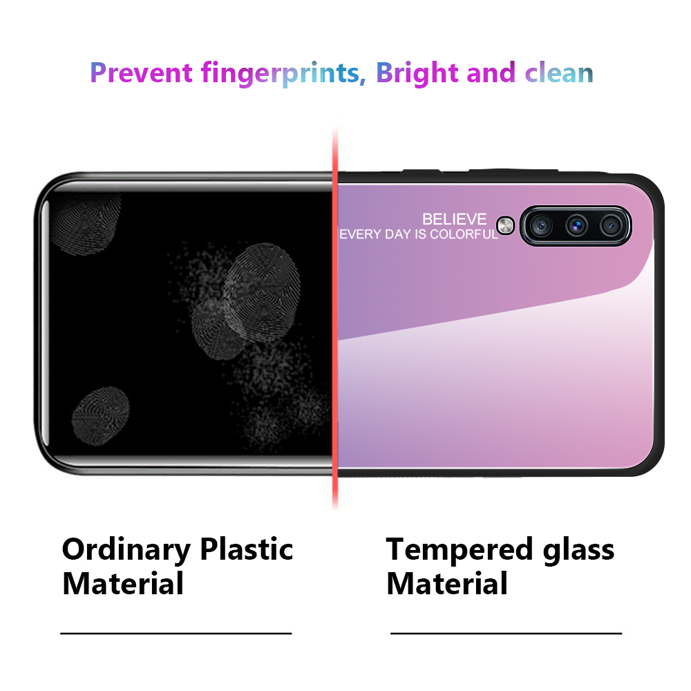 Vetro a Colori Gradiente + Custodia Ibrida TPU Per Samsung Galaxy A70 - Blu / Nero