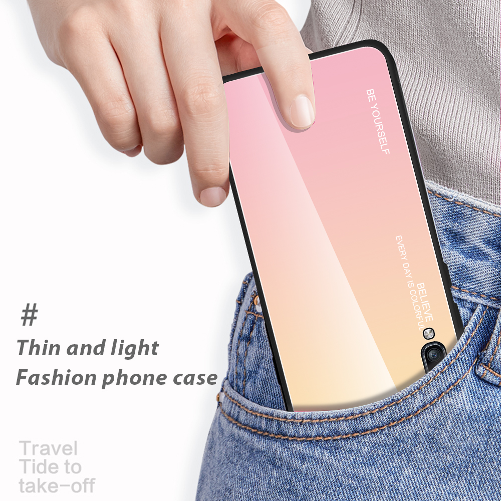 Gradiente de Vidrio de Color + Caja Híbrida TPU Para Samsung Galaxy A70 - Oro / Rosado