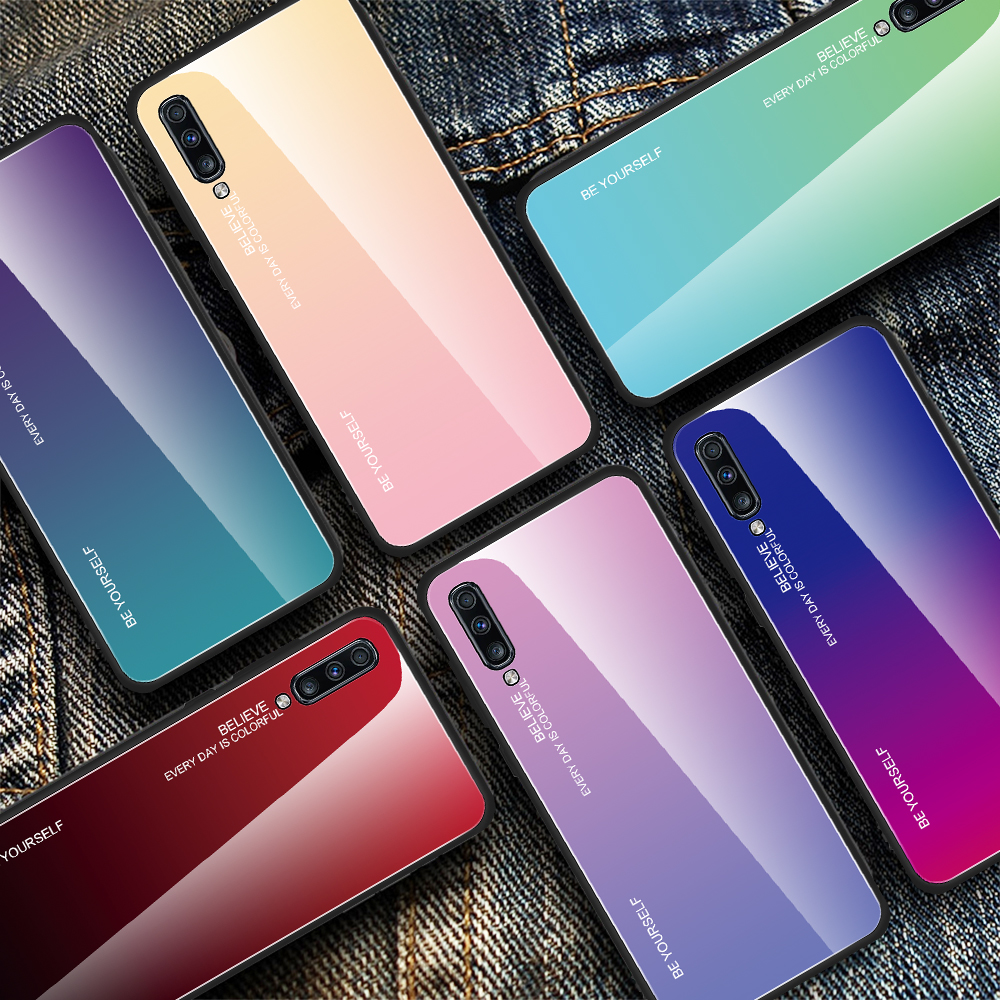 Vetro a Colori Gradiente + Custodia Ibrida TPU Per Samsung Galaxy A70 - Oro / Rosa