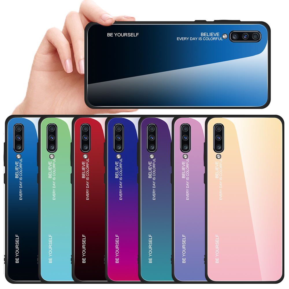 Gradiente de Vidrio de Color + Caja Híbrida TPU Para Samsung Galaxy A70 - Azul / Negro