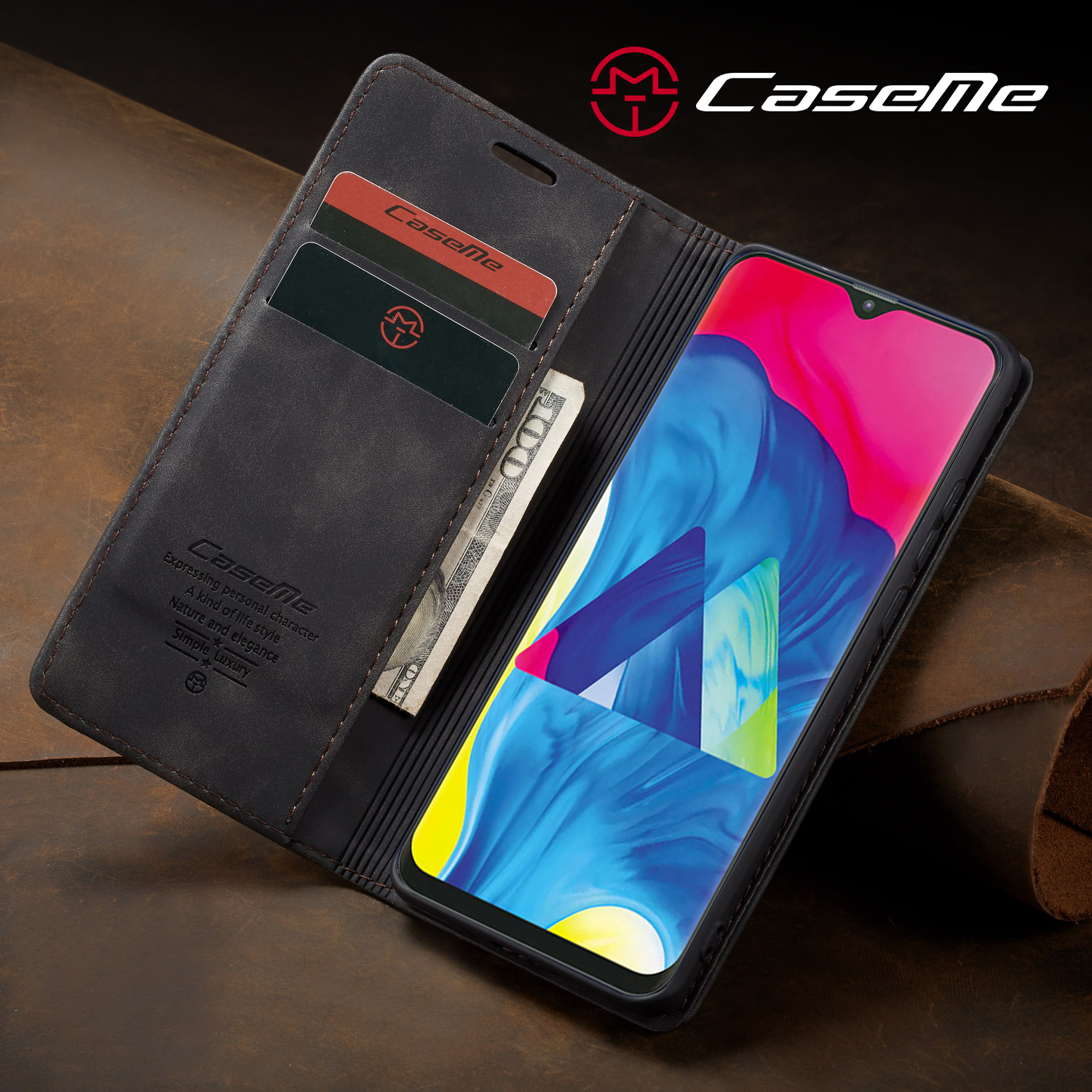 Серия Caseme 013 Для Samsung Galaxy M10 Ретро Флип Кожаный Чехол Для Телефона - Чернить