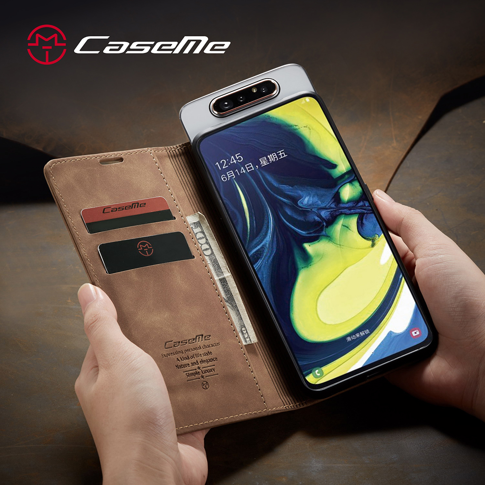 CASEME 013-Serie Auto-absorbierte Business Leder Brieftasche Stand Telefon Shell Für Samsung Galaxy A80 / A90 - Hellbraun