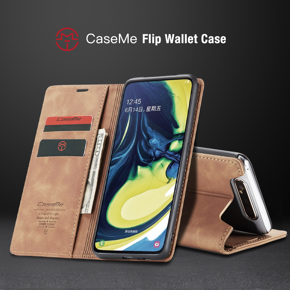 CASEME 013-Serie Auto-absorbierte Business Leder Brieftasche Stand Telefon Shell Für Samsung Galaxy A80 / A90 - Hellbraun