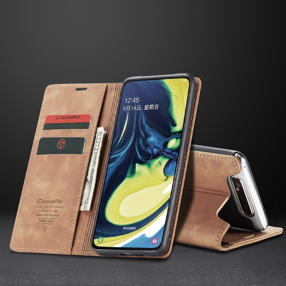 CASEME 013-Serie Auto-absorbierte Business Leder Brieftasche Stand Telefon Shell Für Samsung Galaxy A80 / A90 - Hellbraun