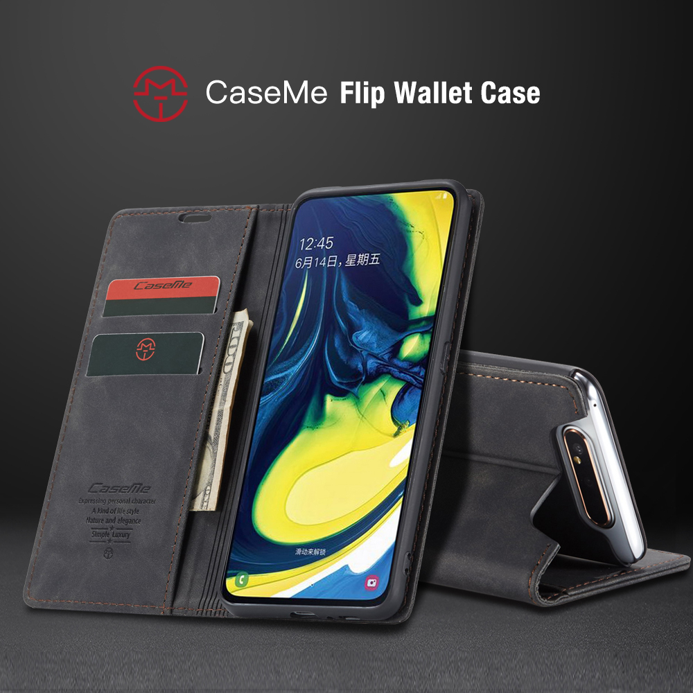 CASEME 013-Serie Auto-absorbierte Business Leder Brieftasche Stand Telefon Shell Für Samsung Galaxy A80 / A90 - Hellbraun