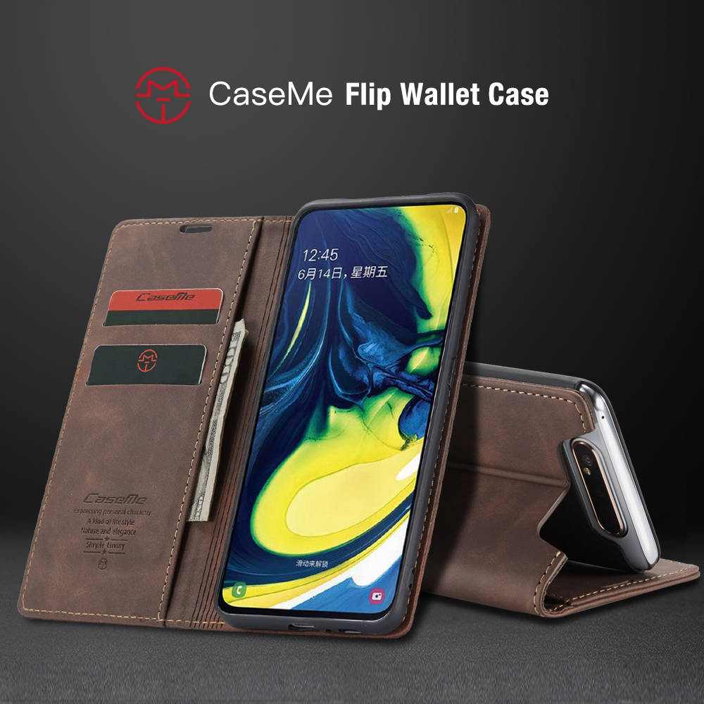 CASEME 013-Serie Auto-absorbierte Business Leder Brieftasche Stand Telefon Shell Für Samsung Galaxy A80 / A90 - Hellbraun