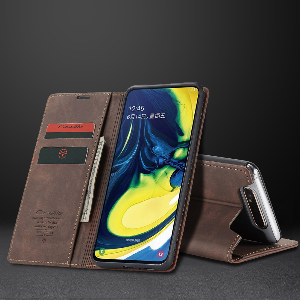 CASEME 013-Serie Auto-absorbierte Business Leder Brieftasche Stand Telefon Shell Für Samsung Galaxy A80 / A90 - Hellbraun