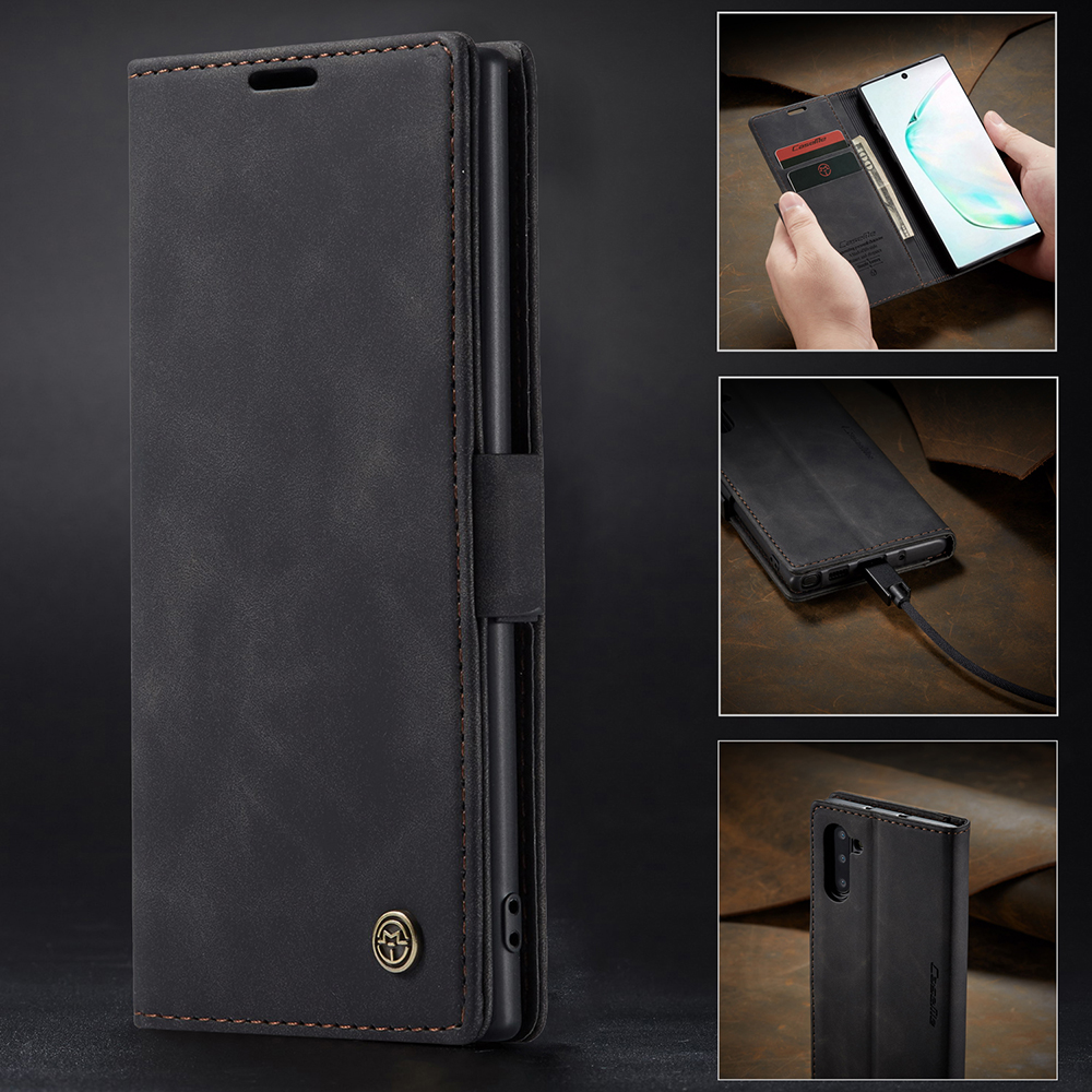 Caseme 013 Serie Auto-absorbido Flip Leather Willet Stand Case Para Samsung Galaxy Note 10/nota 10 5G - Negro