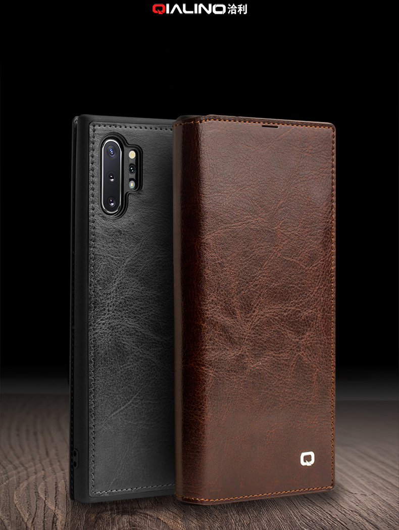 Custodia in Pelle di Cowhide Qialino Classic Per Samsung Galaxy Note 10 Plus 5G, Portafoglio Copertina Del Telefono Shell - Marrone