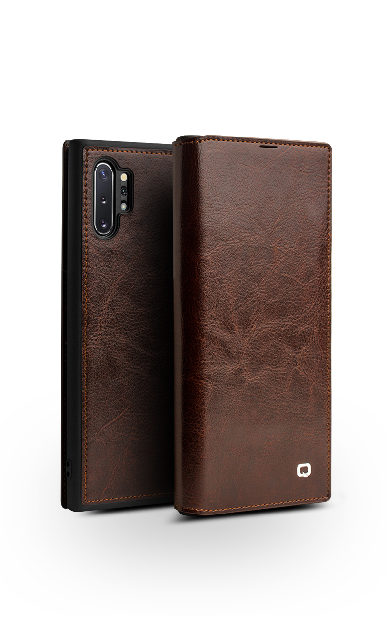 Custodia in Pelle di Cowhide Qialino Classic Per Samsung Galaxy Note 10 Plus 5G, Portafoglio Copertina Del Telefono Shell - Marrone