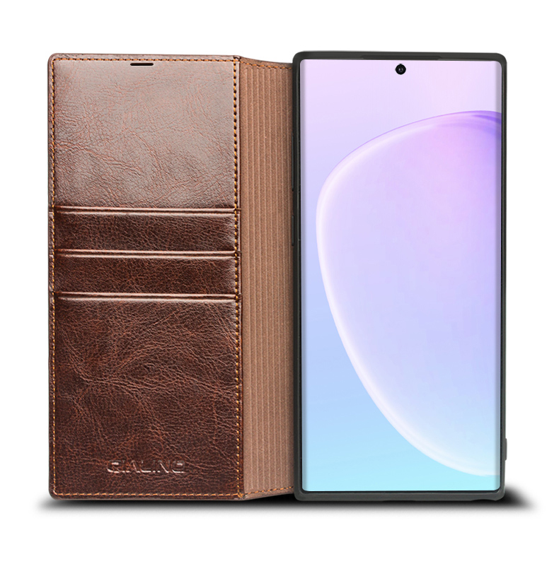 Custodia in Pelle di Cowhide Qialino Classic Per Samsung Galaxy Note 10 Plus 5G, Portafoglio Copertina Del Telefono Shell - Marrone