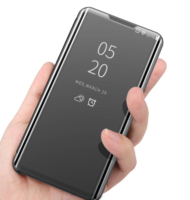 Plattierte Spiegeloberflächenansicht Fenster Flip Leder -telefongehäuse Für Samsung Galaxy A20s - Schwarz