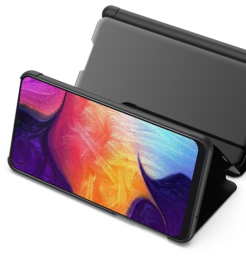 Ventencia de la Superficie Del Espejo Platado Ventana de Cuero Flip Teléfono Para Samsung Galaxy A20s - Negro