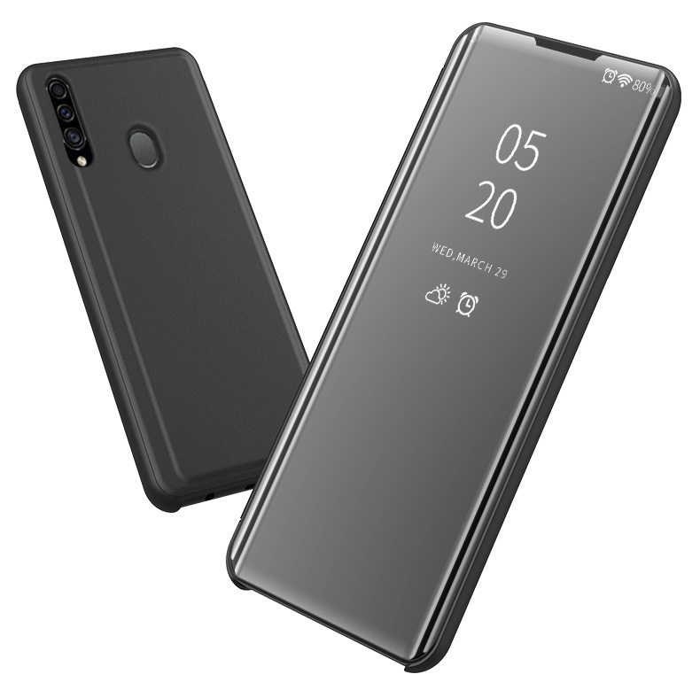 Espelho de Espelho Banhado Visualização de Janela Flip de Couro Invólucro Para o Samsung Galaxy A20s - Preto