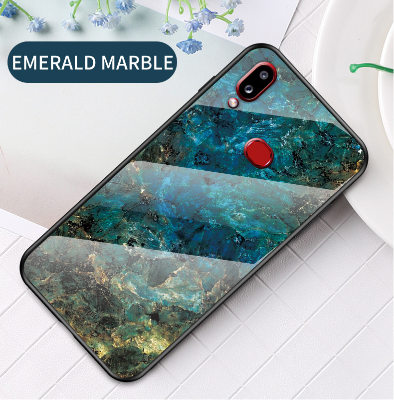 Para Samsung Galaxy A10s Textura de Mármore, Vidro Temperado + PC + TPU Hybrid Case - Marmore Branco