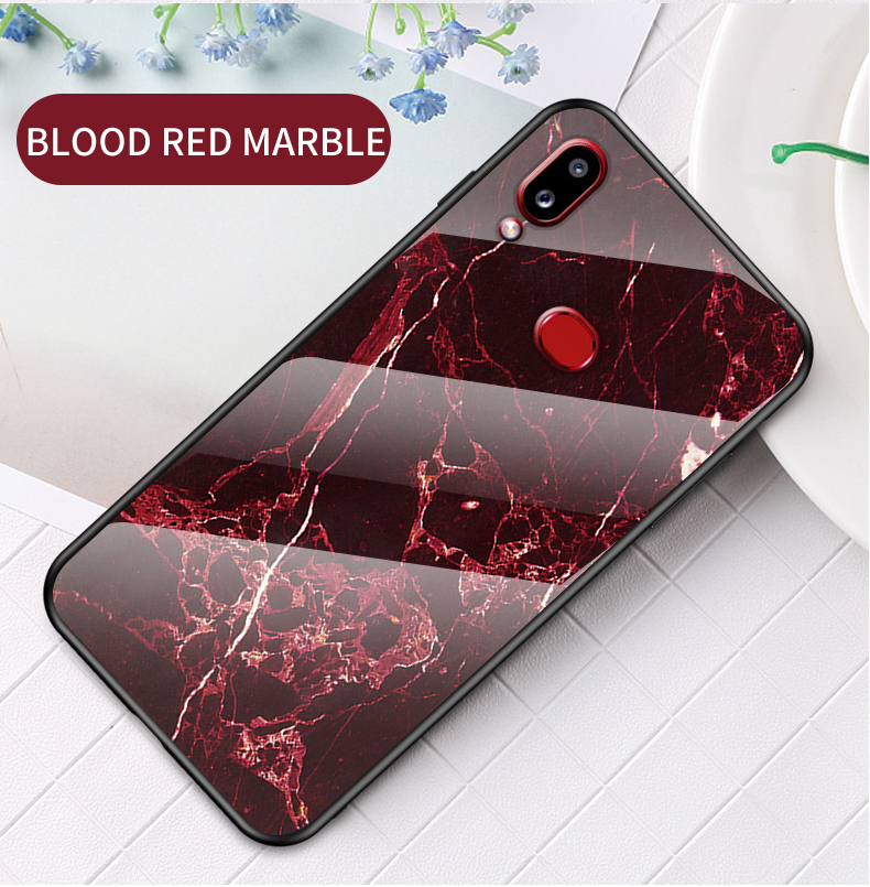 Pour Samsung Galaxy A10s Texture en Marbre Verre Tempérée + PC + TPU Hybrid - Marbre Blanc