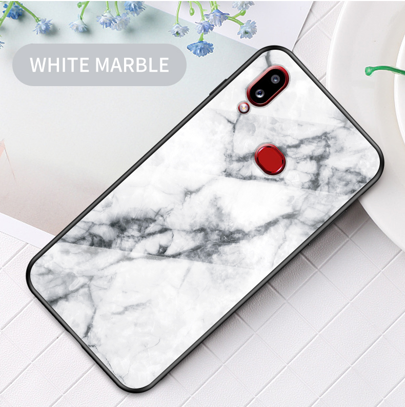 Per Samsung Galaxy A10s Texture Marble Texture Temped Glass + PC + TPU Hybrid Case - Marmo Bianco