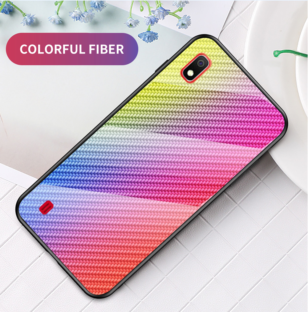 Para Samsung Galaxy A10, Textura de Fibra de Carbono, Vidrio Templado + PC + TPU Shell - Azul