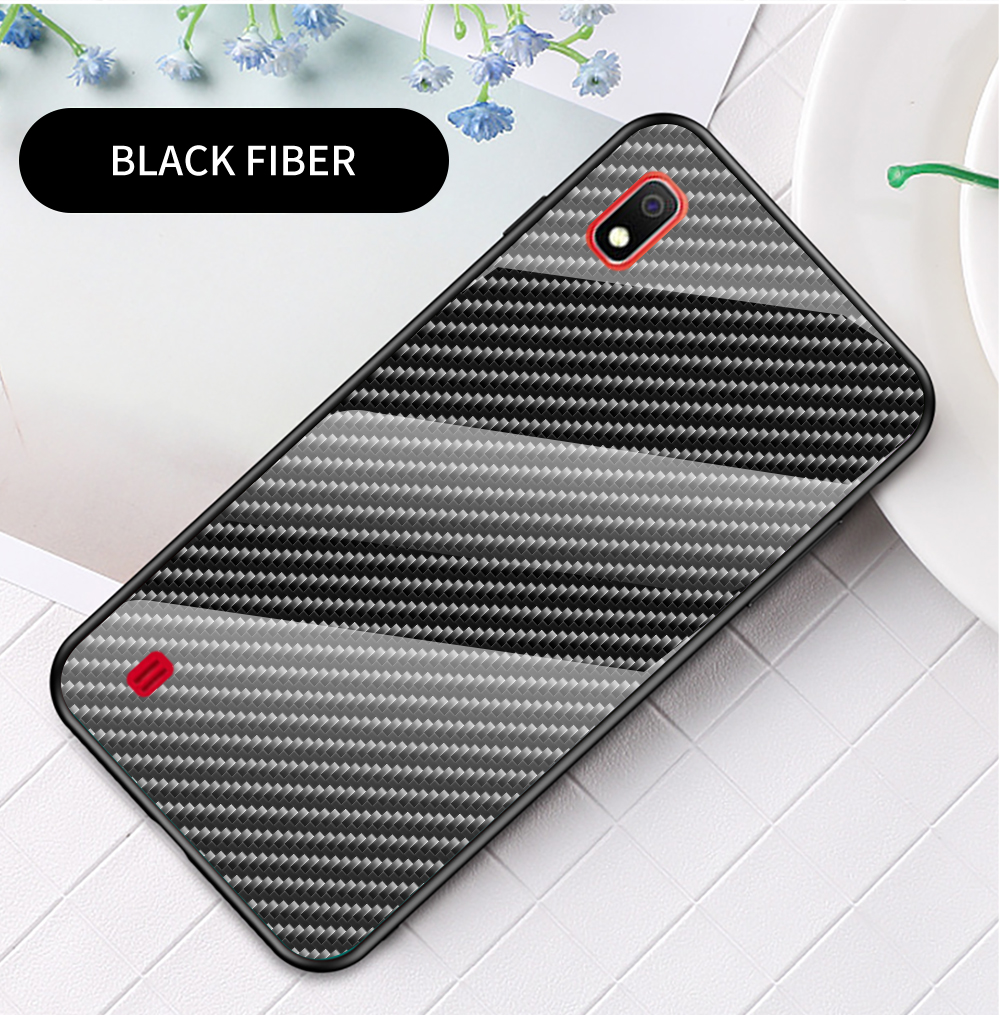 Para Samsung Galaxy A10 Textura de Fibra de Carbono Vidro Temperado + PC + TPU Shell - Azul