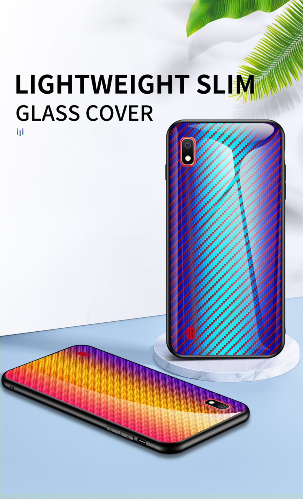 Para Samsung Galaxy A10 Textura de Fibra de Carbono Vidro Temperado + PC + TPU Shell - Azul