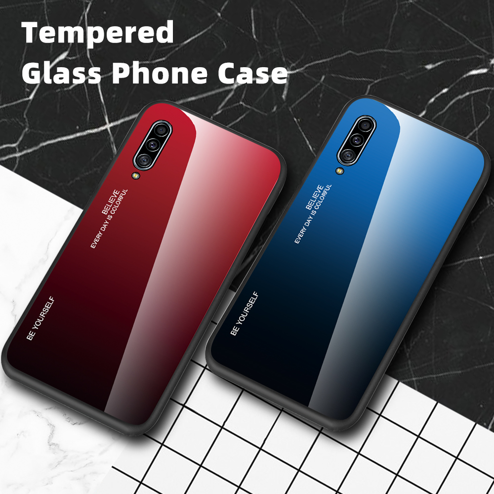 Caso de Vidro Temperado Com Cor Gradiente + PC + TPU Para Samsung Galaxy A90 5G - Vermelho Preto