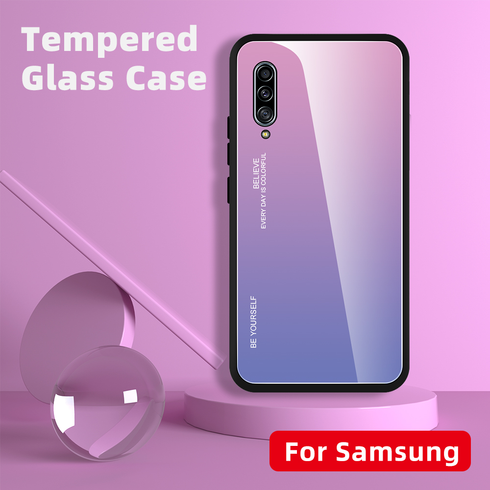 Caso de Vidro Temperado Com Cor Gradiente + PC + TPU Para Samsung Galaxy A90 5G - Amarelo/rosa