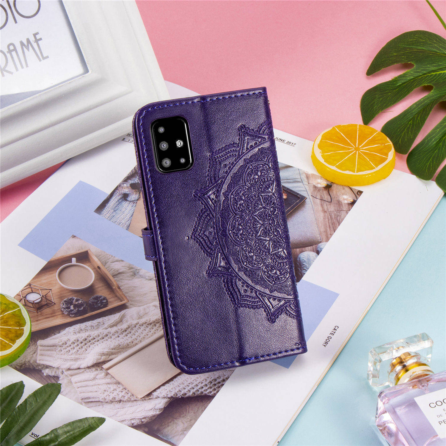 Funda de Cobertura de Billetera de Cuero de Mandala en Relieve Para Samsung Galaxy A51 - Negro