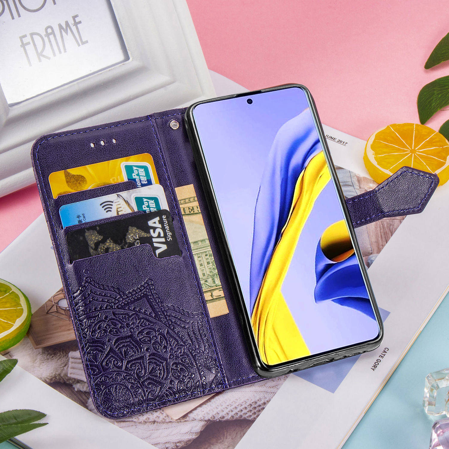 Geprägte Mandala Blumen -leder -brieftasche Abdeckung Hülle Für Samsung Galaxy A51 - Schwarz