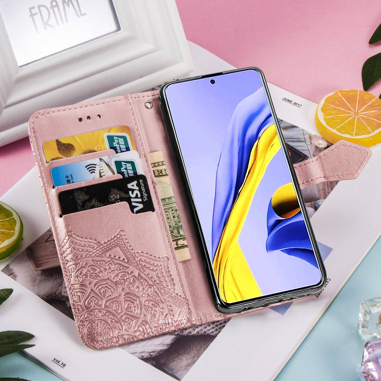 Geprägte Mandala Blumen -leder -brieftasche Abdeckung Hülle Für Samsung Galaxy A51 - Schwarz