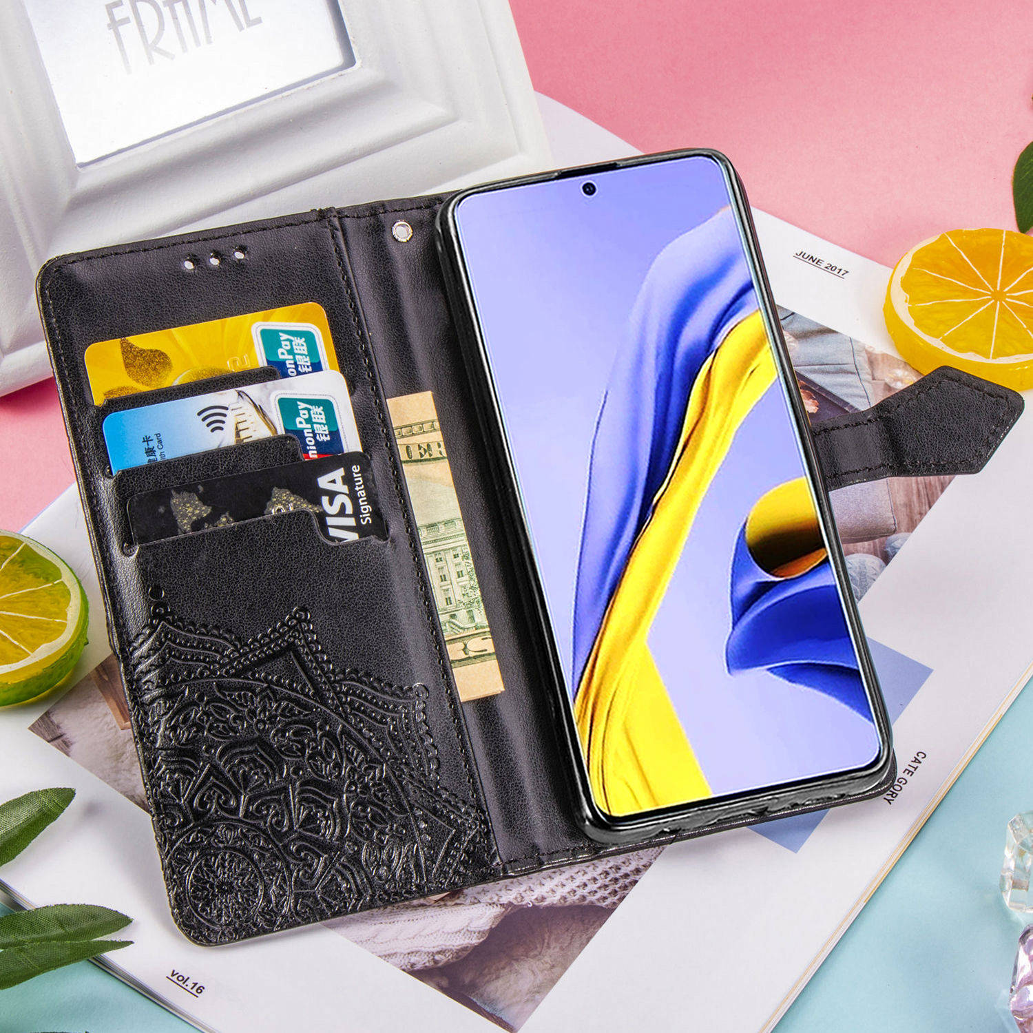 Funda de Cobertura de Billetera de Cuero de Mandala en Relieve Para Samsung Galaxy A51 - Negro