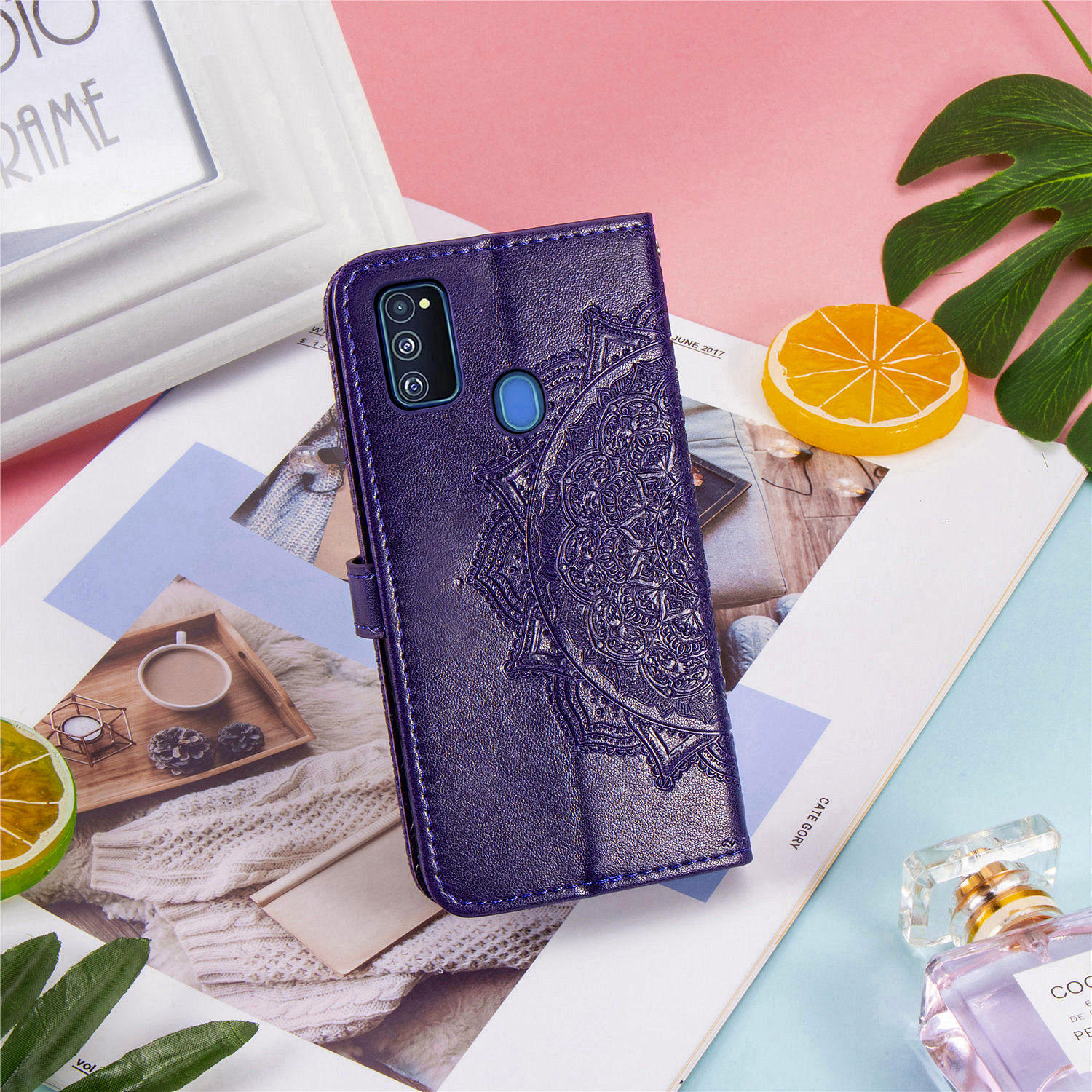 Geprägte Mandala Blumenbrieftasche Lederstand Cover Für Samsung Galaxy M21/m30s - Blau