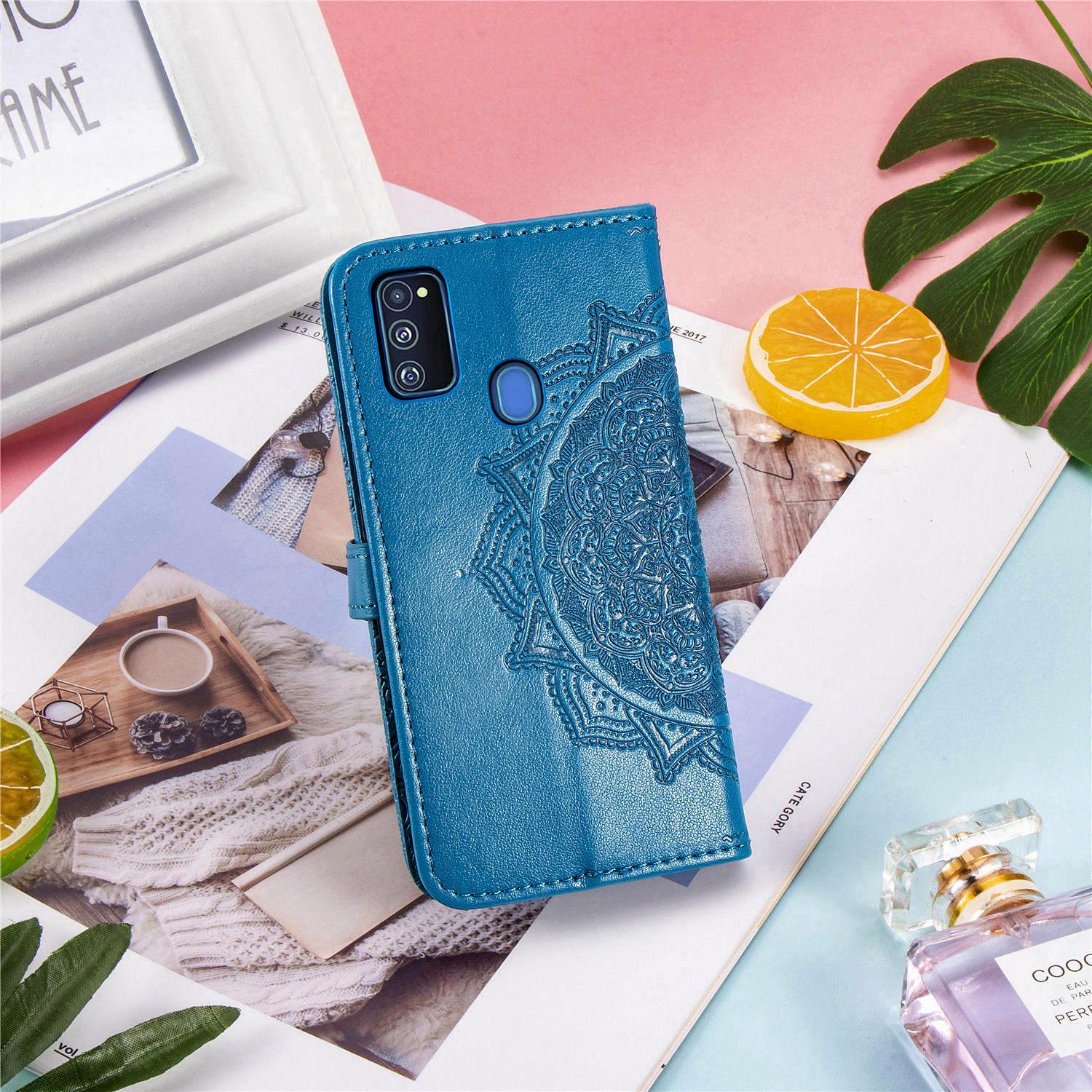 Geprägte Mandala Blumenbrieftasche Lederstand Cover Für Samsung Galaxy M21/m30s - Blau