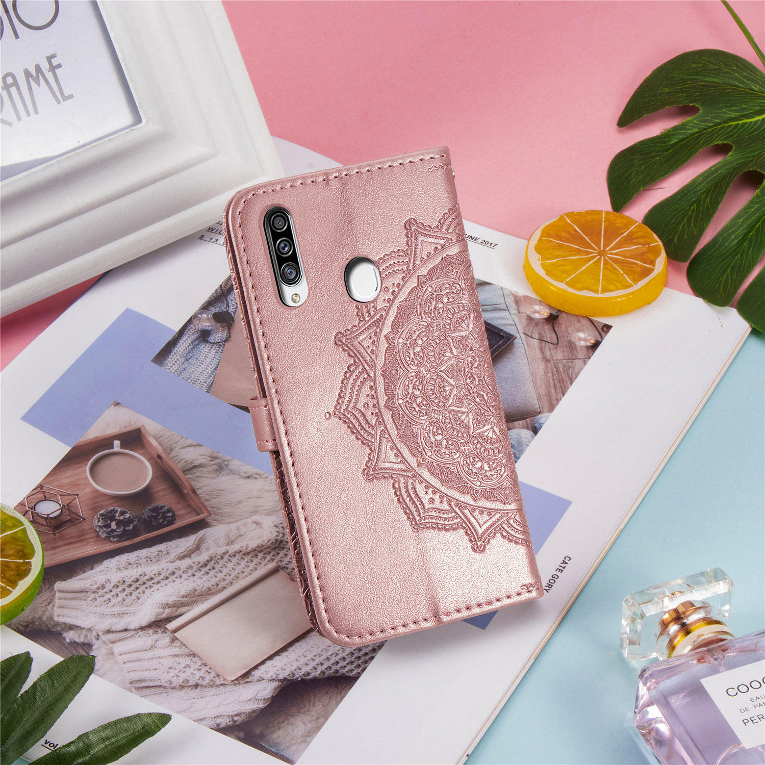 Estuche Para Teléfono de Cuero de Stand de Billetera de Mandala en Relieve Para Samsung Galaxy A20s - Oro Rosa