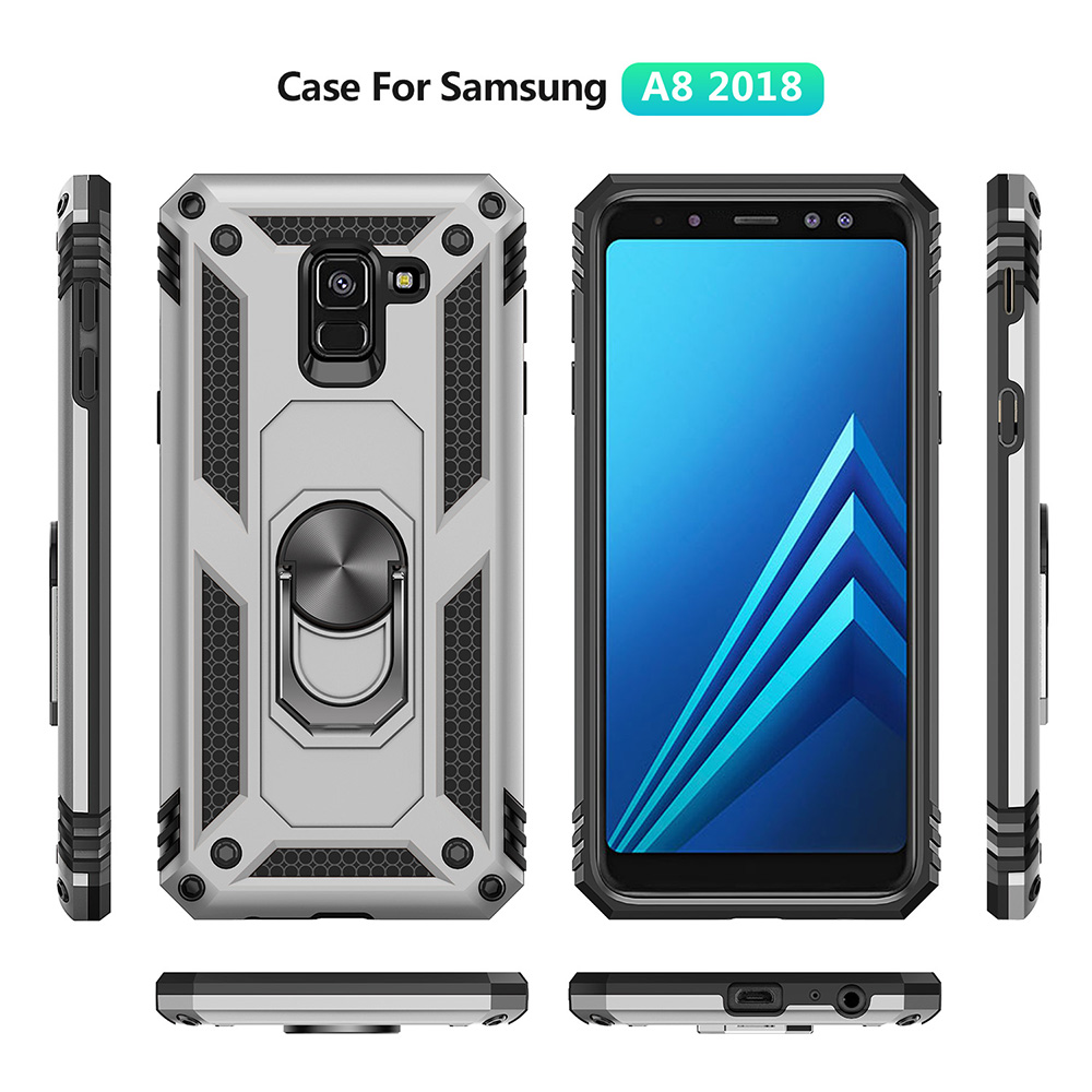 TPU+PC+Metal Phone Shell Com Kickstand Para Samsung Galaxy A8 (2018) - Prata