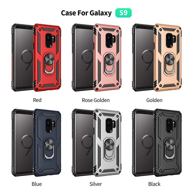 360 ° Ring Ring Kickstand Armour PC+TPU Caixa de Telefone Híbrido Para Samsung Galaxy S9 - Preto