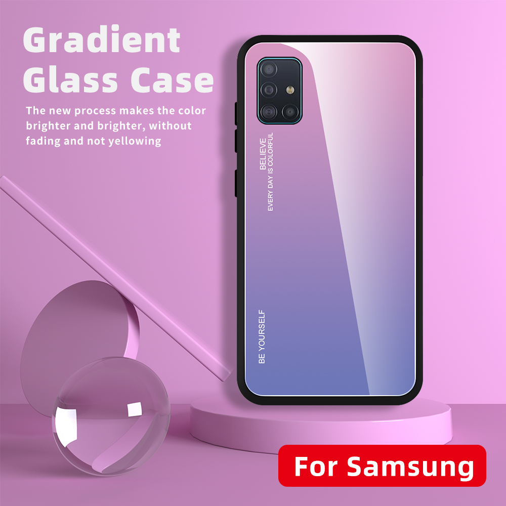 Couleur De Gradient Verre + TPU Couvercle De Téléphone Portable Pour Samsung Galaxy A51 - Or / Rose