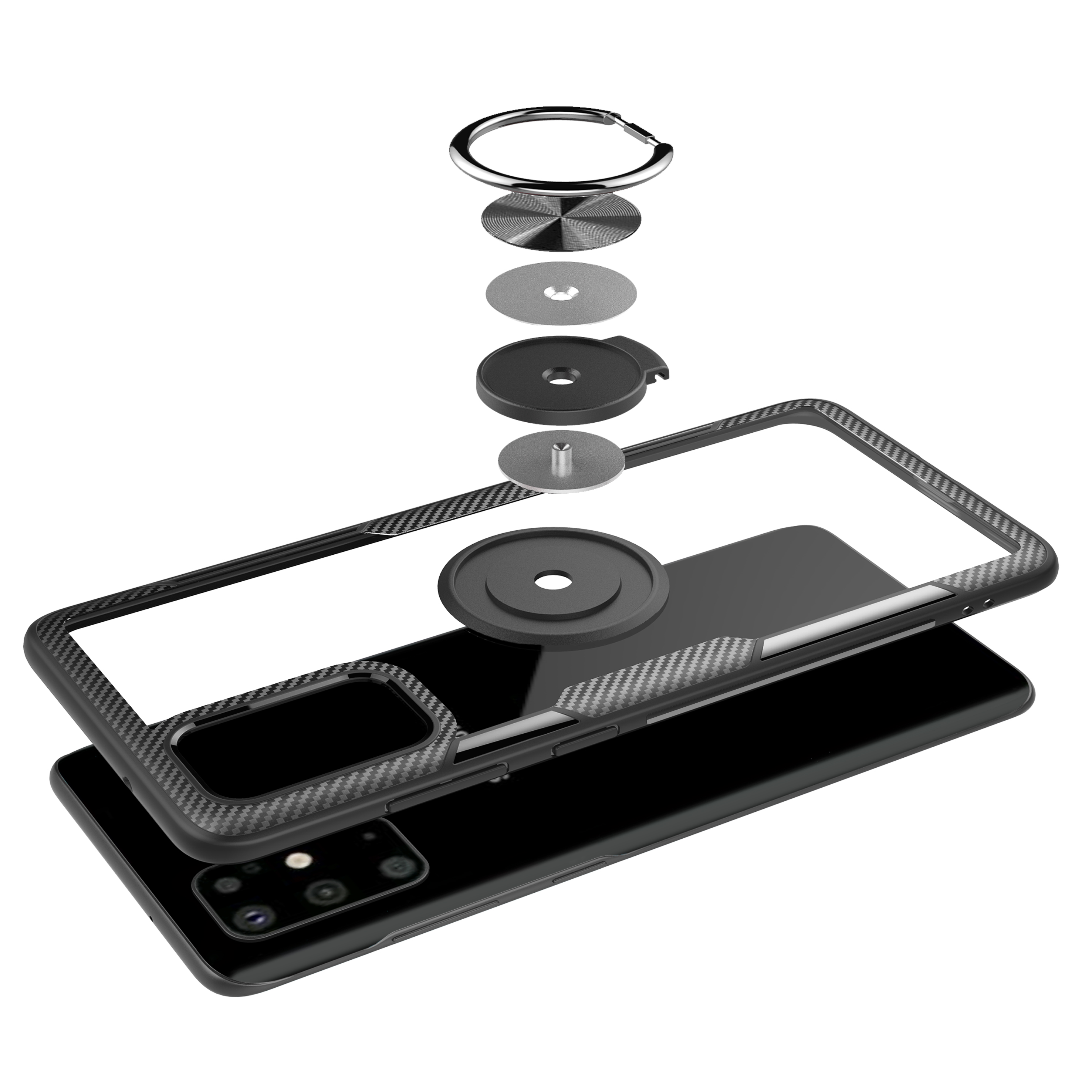 Anel de Dedo Kickstand TPU + PC + Caso Híbrido de Metal [folha de Metal Magnético Embutido] Para Samsung Galaxy S20 Plus / S20 Mais 5G - Prata Negra