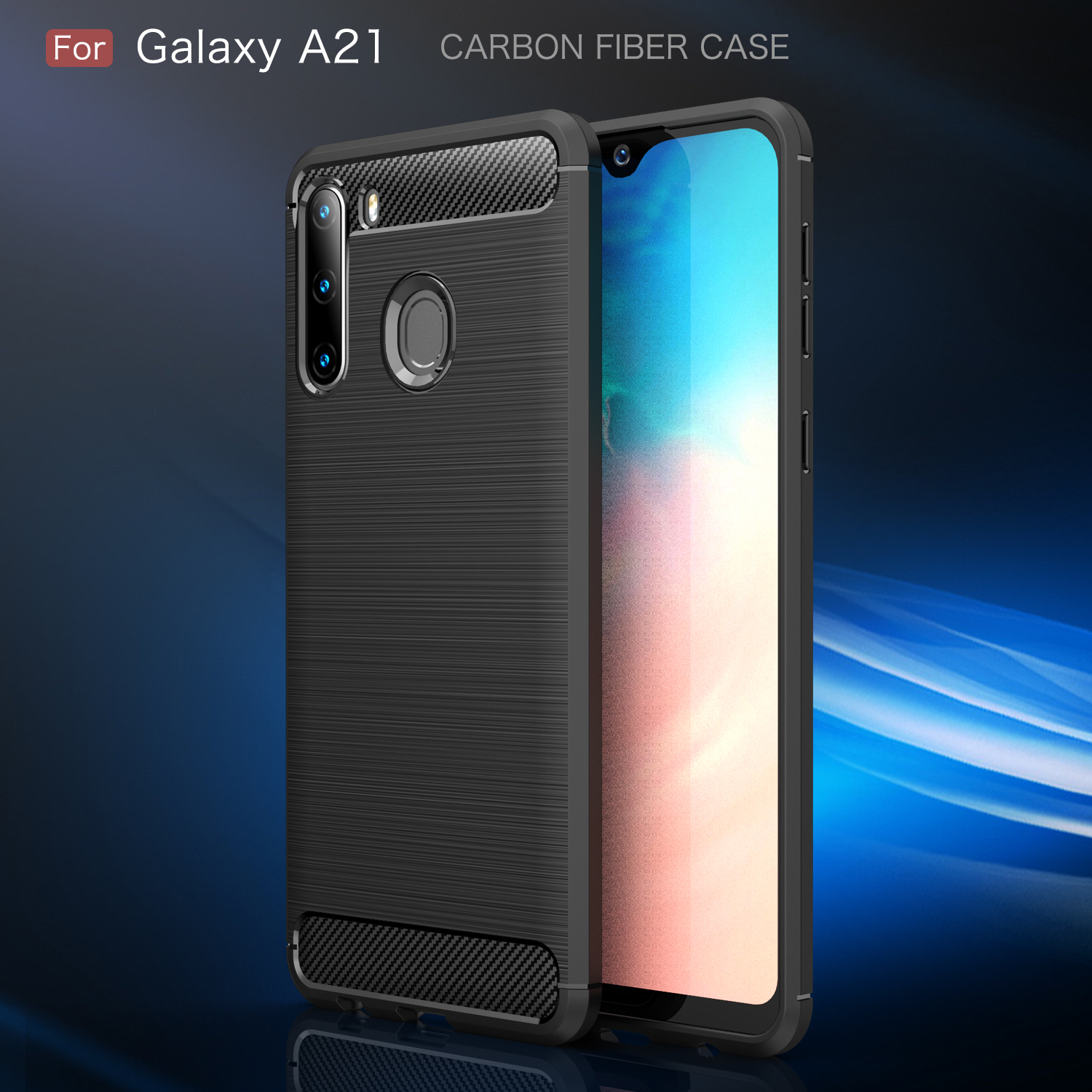 Fibra de Carbono Cepillada TPU Case de Retroceso Para Samsung Galaxy A21 - Azul Oscuro