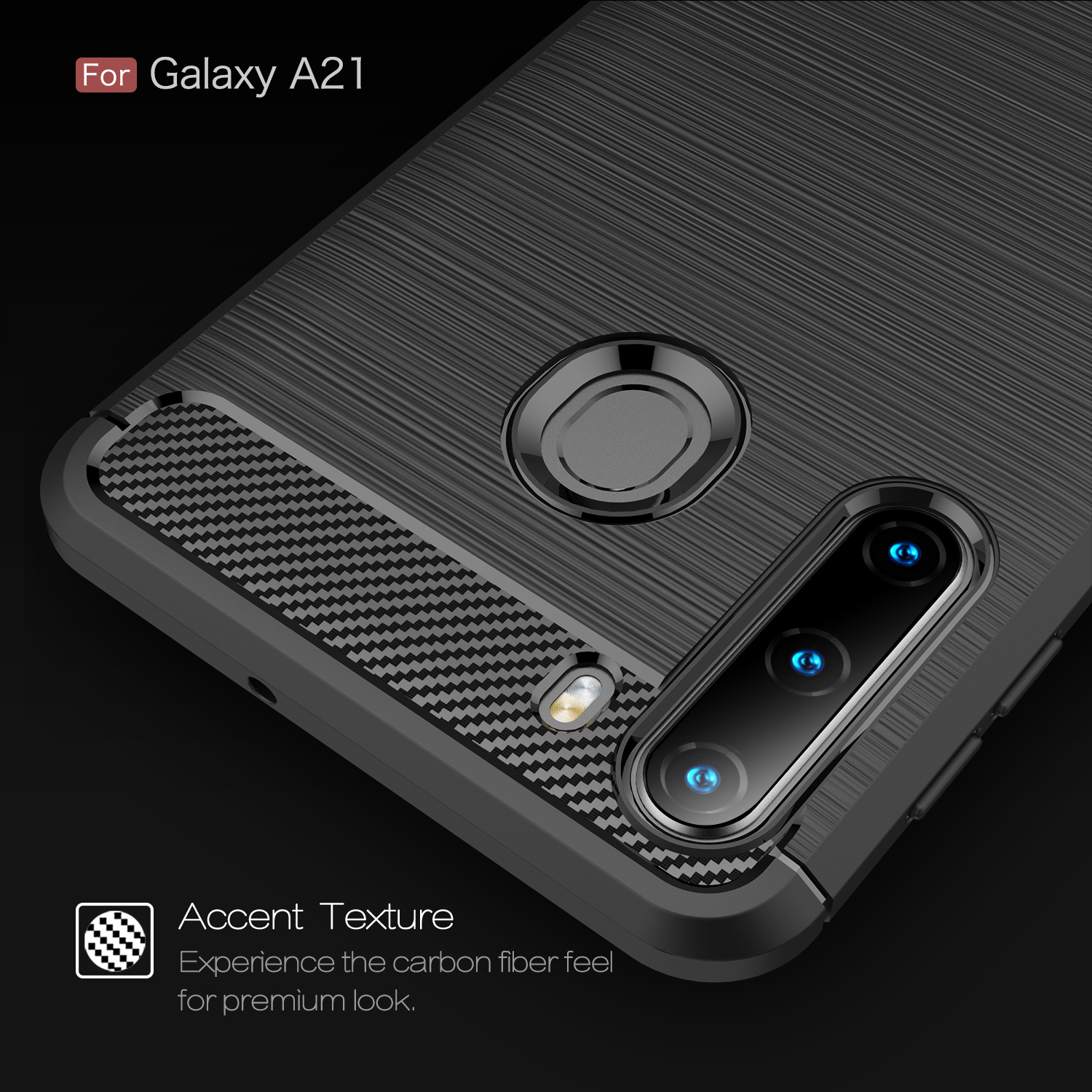 Fibra de Carbono Cepillada TPU Case de Retroceso Para Samsung Galaxy A21 - Negro