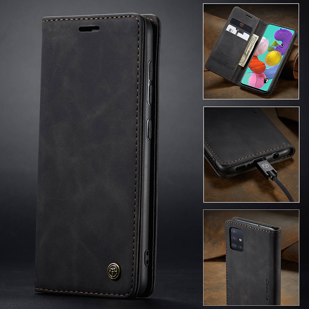 Caseme 013-Serie Auto-absorbierte Lederwallet Automatisches Schließkoffer Für Samsung Galaxy A51 - Schwarz