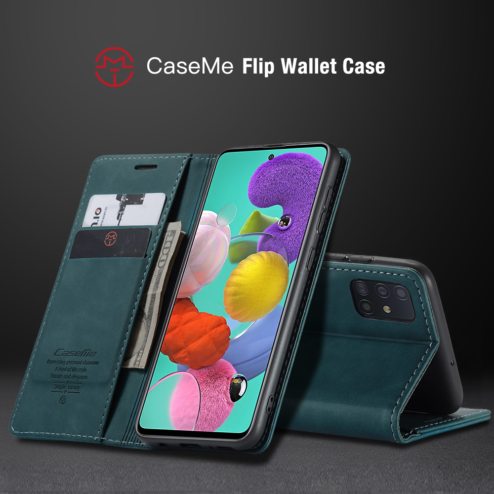 Caseme 013-Serie Auto-absorbierte Lederwallet Automatisches Schließkoffer Für Samsung Galaxy A51 - Schwarz