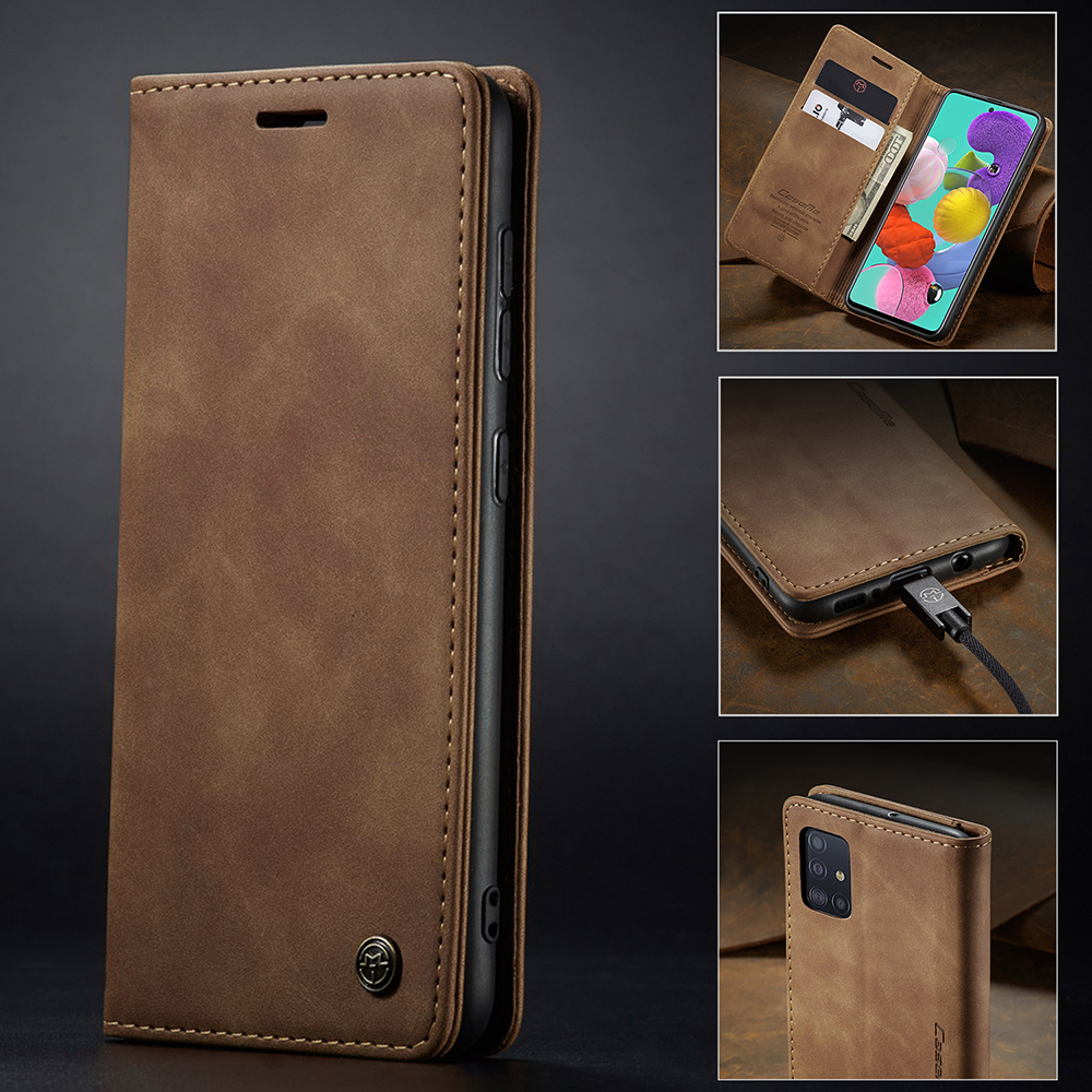 Caseme 013-Serie Auto-absorbierte Lederwallet Automatisches Schließkoffer Für Samsung Galaxy A51 - Schwarz