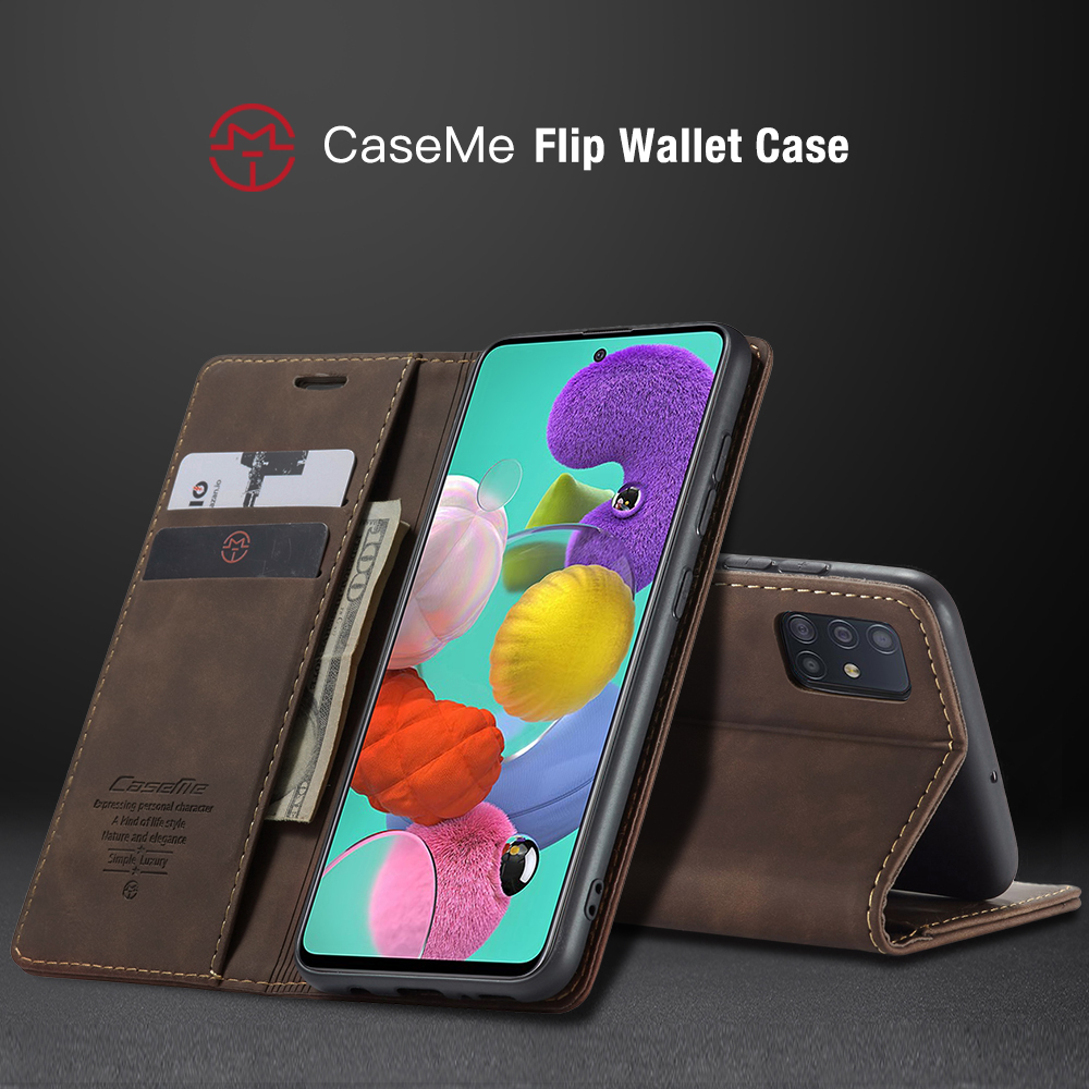 Caseme 013-Serie Auto-absorbierte Lederwallet Automatisches Schließkoffer Für Samsung Galaxy A51 - Schwarz