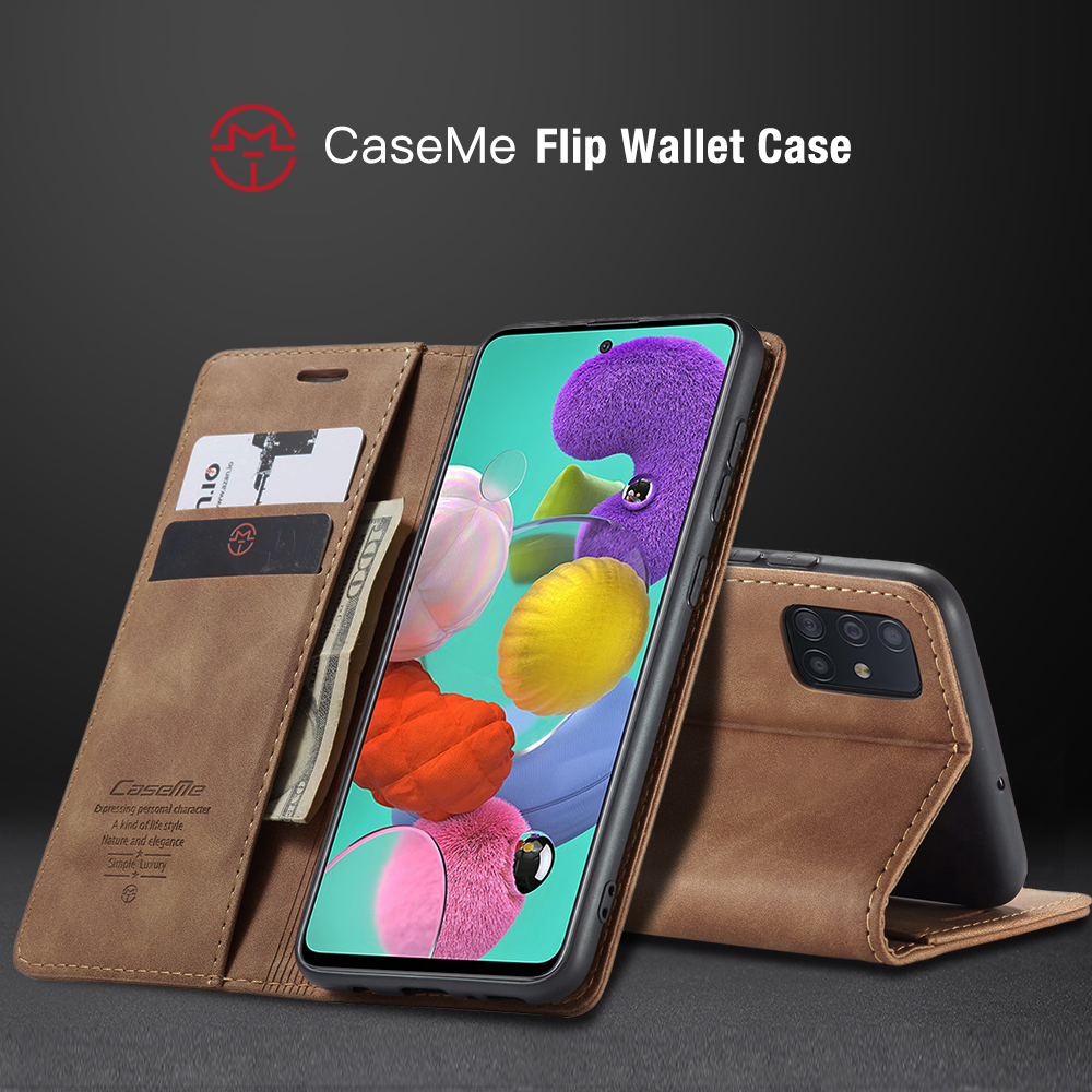 Caseme 013-Serie Auto-absorbierte Lederwallet Automatisches Schließkoffer Für Samsung Galaxy A51 - Schwarz