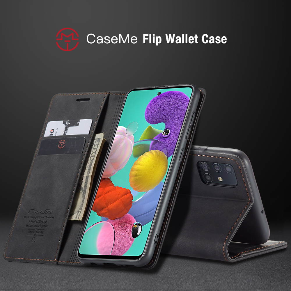 Caseme 013-Serie Auto-absorbierte Lederwallet Automatisches Schließkoffer Für Samsung Galaxy A51 - Schwarz