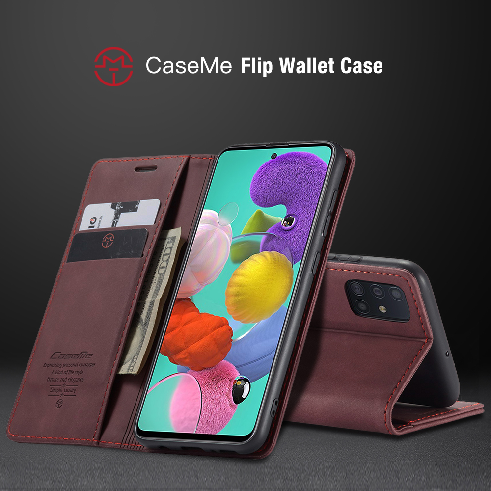 Caseme 013-Serie Auto-absorbierte Lederwallet Automatisches Schließkoffer Für Samsung Galaxy A51 - Schwarz