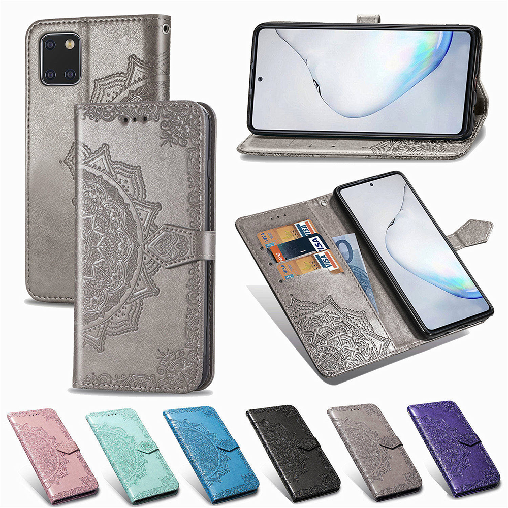 Geprägte Mandala-Blumenbranche Leder-Stand-Telefonschutz-Abdeckung Für Samsung Galaxy A81 / Anmerkung 10 Lite - Grau