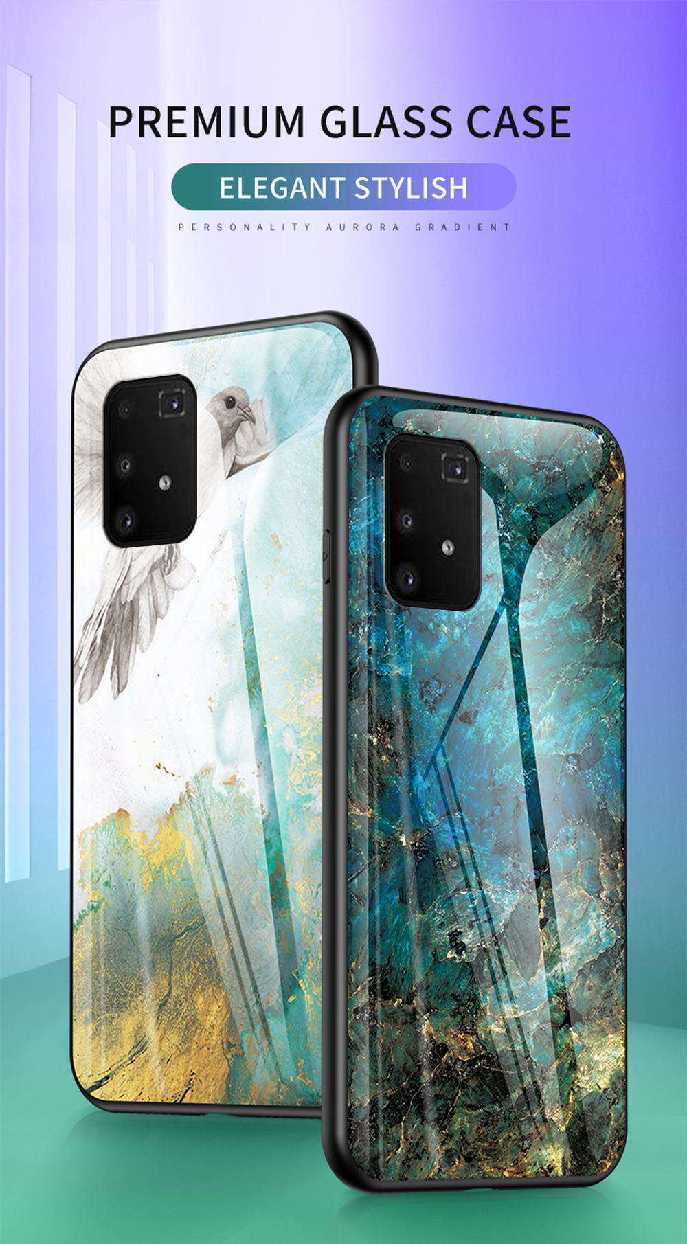 Protection de Texture en Marbre Verre Trempée + PC + TPU Combo Case Pour Samsung Galaxy A91 / S10 Lite - Émeraude