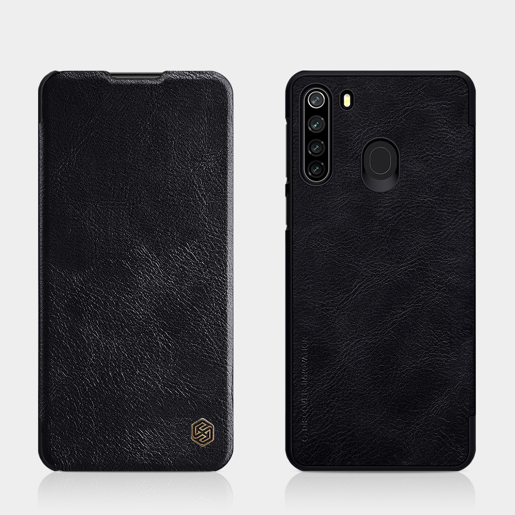 Custodia a Guscio in Pelle Nillkin Qin Series Con Copertina Telefonica Del Supporto Per Schede Per Samsung Galaxy A21 - Nero