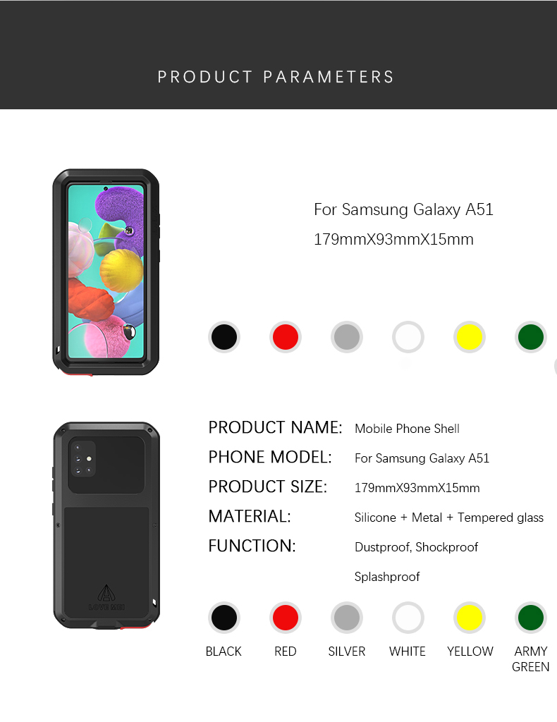 Love Mei Mei à Prova de pó à Prova de Choque à Prova de Choques de Zagueiro Metal+silicone+gabinete de Vidro Temperado Para Samsung Galaxy A51 SM-A515 - Preto